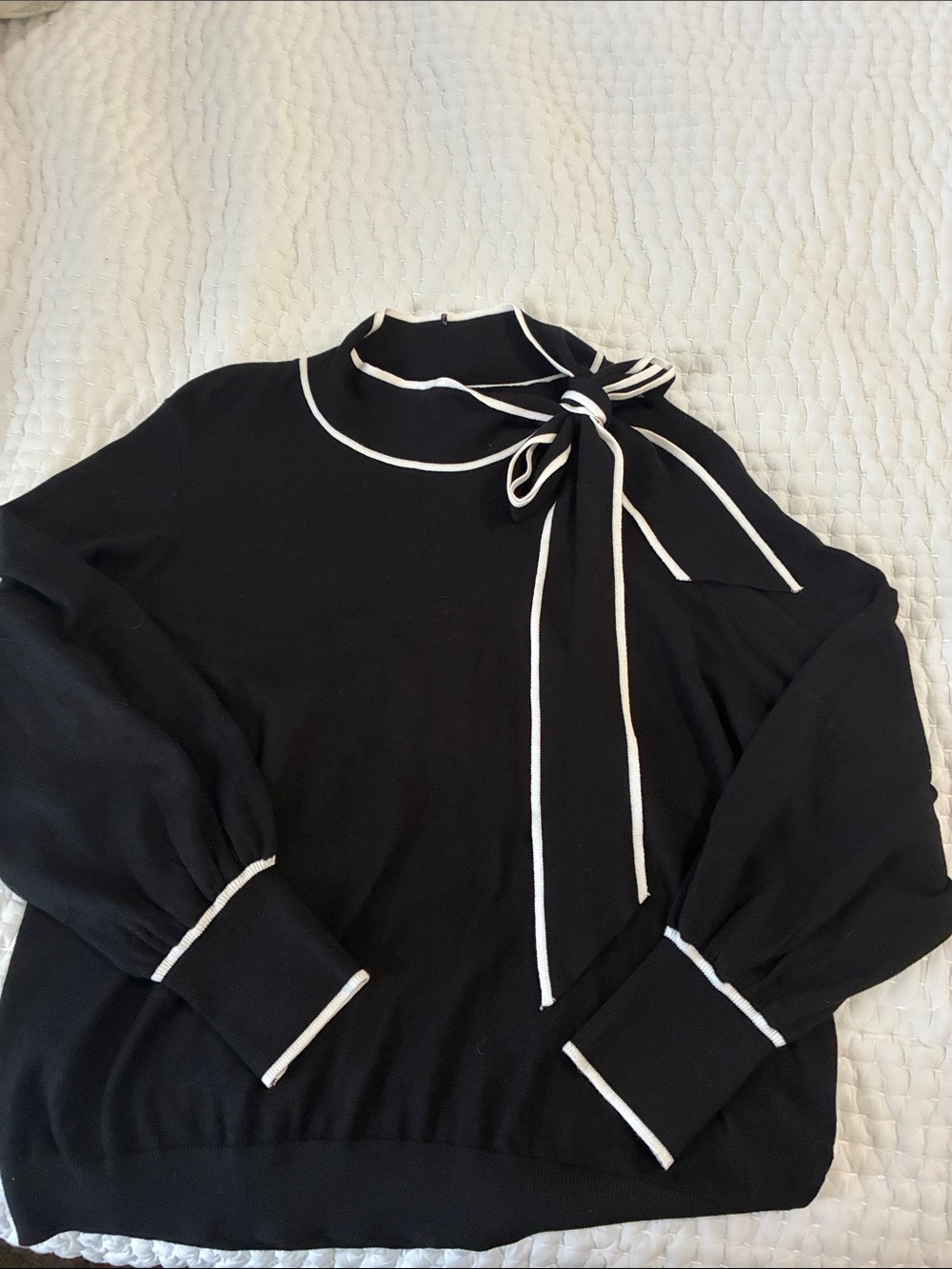 Liz Claiborne Black Sweater with White Trim Bow Neck Size XXL